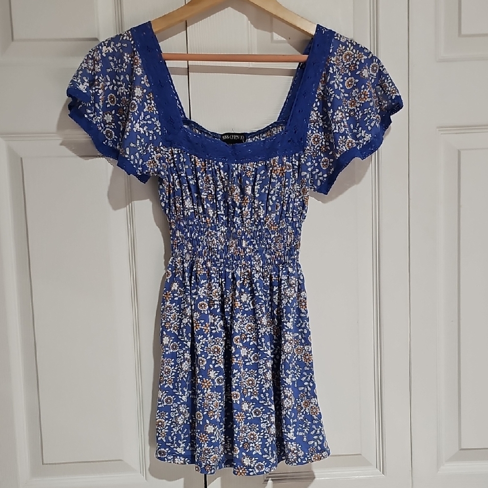 NWT Miss Chievous Blue Floral Smocked Babydoll Dress Size S